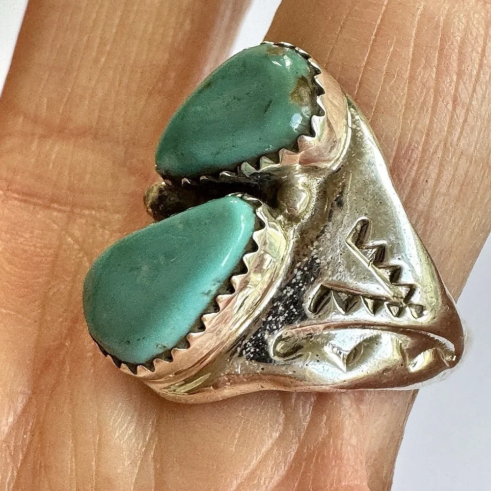 Mens Turquoise Navajo Band Sz 9 Two Stone Ring 21mm Signed ML Handmade‎ Native